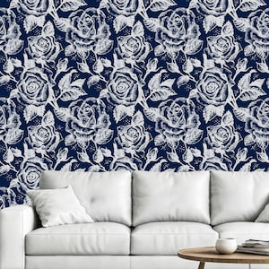 Peel and Stick Rose Wallpaper – Vintage Navy Blue Floral Wall Mural – Removable Self Adhesive Botanical Wall Art – Elegant Floral Decor