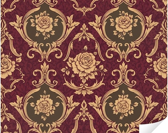 Burgunder & Gold Look Barock Rokoko Damast Wandbild zum Aufkleben, Vintage Viktorianische Rose Floral verzieren Rollenmuster