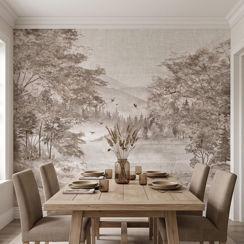 Misty Forest Lake Peel and Stick Wall Mural, Neutral Woodland Mountain ...