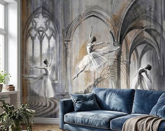 Ballet Dancers Peel and Stick Wall Mural, Watercolor Ballerina Sketch Gothic Arches Ballroom Scene Neutral Gray Beige Dance Studio Wallpaper