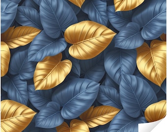 Carta da parati staccabile e adesiva con foglie tropicali blu navy e oro, motivo botanico di lusso, murale moderno e glamour