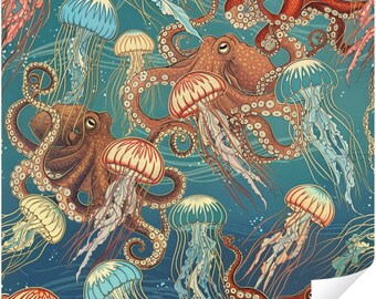 Vintage Ocean Sea Life Octopus & Jellyfish Peel and Stick Wallpaper, Nautical Underwater Teal Wall Mural