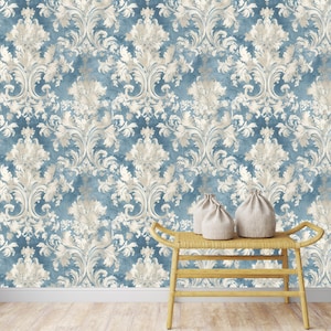 Peel and Stick Damask Wallpaper – Blue and Beige Baroque Wall Mural – Vintage Ornate Self Adhesive Wall Décor for Bedroom or Living Room