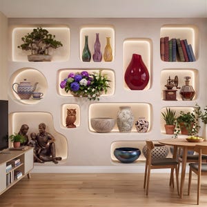 3D Verlichte Wandnissen Zelfklevend Muurschildering, Decoratieve Inbouwnissen, Sculpturale Displayplanken Trompe l'Oeil Behang