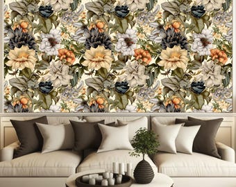 Vintage Floral Peel and Stick Wallpaper, Botanical Removable Wall Mural, Large Flower Self Adhesive Wall Art for Bedroom or Living Room