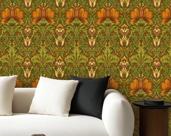 Arts & Crafts Peel and Stick Wallpaper, William Morris Inspired Bold Floral Vine Wall Mural, Olive Retro Botanical Accent Wall Decor