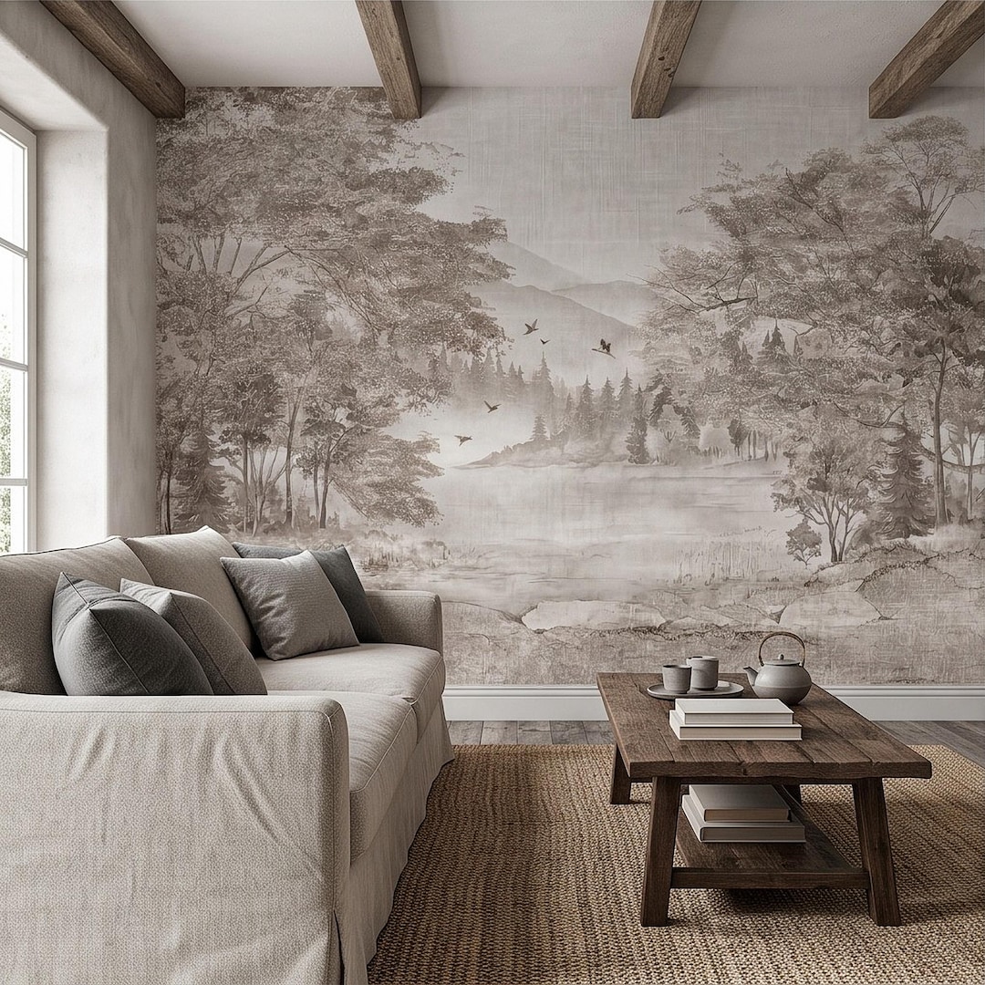 Misty Forest Lake Peel and Stick Wall Mural, Neutral Woodland Mountain ...