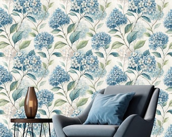 Hydrangea Peel and Stick Wallpaper – Blue Floral Botanical Wall Mural, Coastal Vintage Removable Wallpaper for Bedroom and Living Room