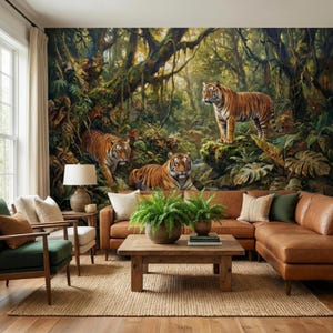 May include: A living room with a jungle mural featuring tigers. The room includes a brown leather sectional sofa, a wooden coffee table, and green plants. The rug is a natural fiber, and the chairs are wood-framed.