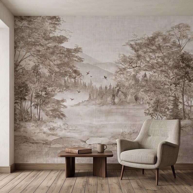 Misty Forest Lake Peel and Stick Wall Mural, Neutral Woodland Mountain ...