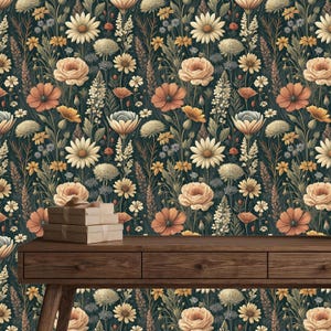 Peel and Stick Wallpaper, Dark Vintage Floral Wall Art Panel, Botanical Accent Wall Decor, Boho Flower Mural for Bedroom or Living Room