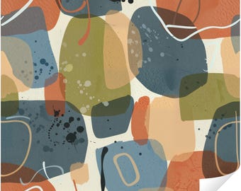 Mid Century Modern Peel and Stick Wallpaper, Abstract Terracotta Blue Shapes Wall Mural, Boho Accent Wall Decor Living Room Bedroom