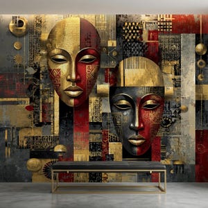 May include: Abstract wall art featuring two stylized face masks with gold, red, and black accents. The masks are set against a geometric background with gold and gray tones. A black bench with a gold frame sits below the artwork.