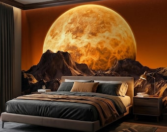 Giant Sun Over Mountains Peel and Stick Wall Mural, Space Sci Fi Celestial Landscape with Orange Sky, Epic Lunar Planet Horizon Wallpaper