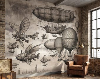Steampunk Airship Peel and Stick Wall Mural, Vintage Zeppelin and Hot Air Balloon Sky with Flying Fish, Victorian Sepia Sketch Wallpaper