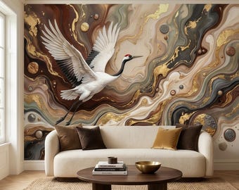 Japanese Crane Peel and Stick Wall Mural, Luxury Gold Marble Abstract Art, Elegant Flying Bird Scene, Modern Asian Wallpaper