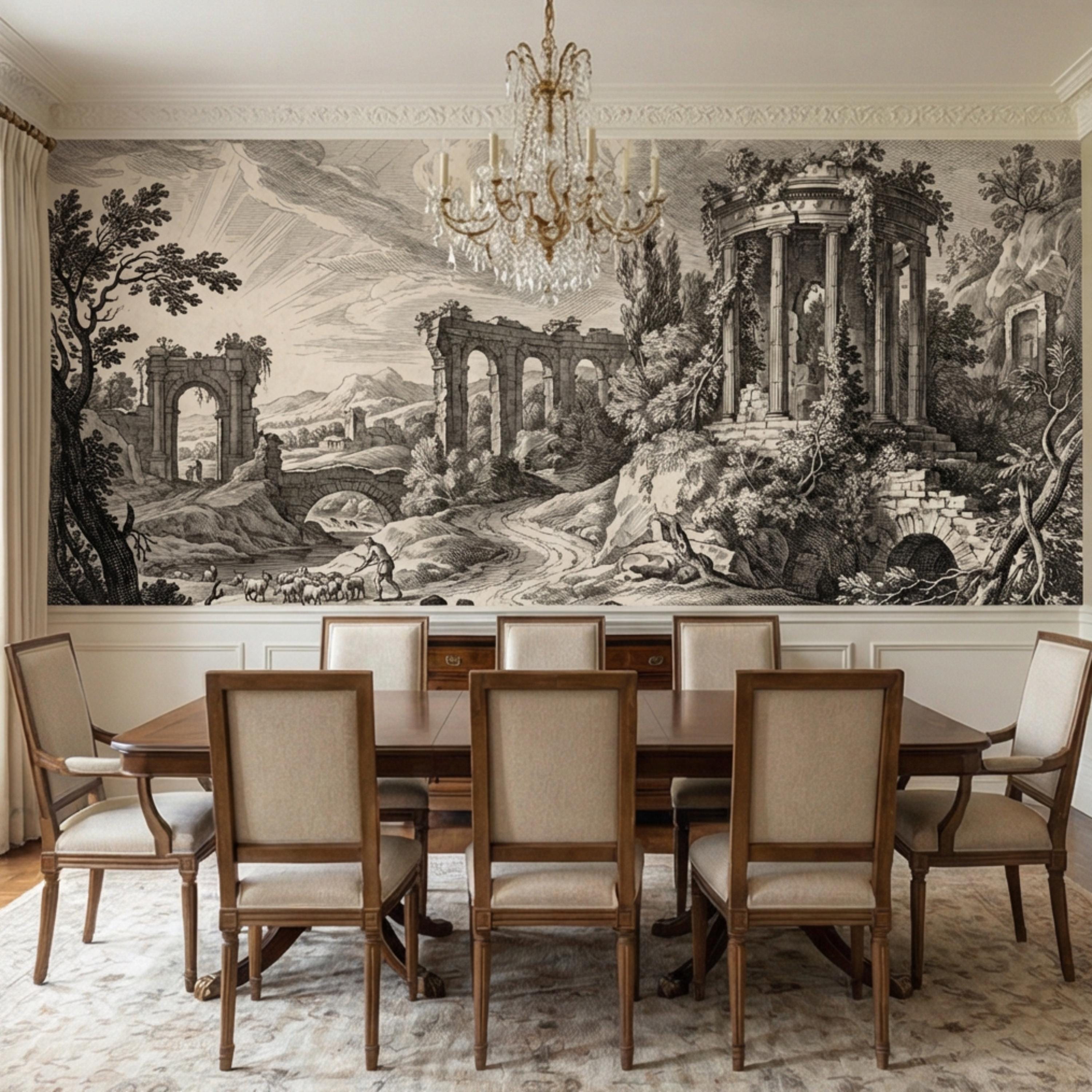 Vintage Roman Ruins Engraving Peel and Stick Wall Mural, Antique ...