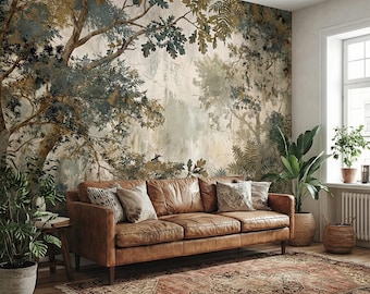 Könnte beinhalten: Ein Wohnzimmer mit einem braunen Ledersofa und Kissen vor einem Wandbild mit einer Waldszene. Ein gemusterter Teppich und Topfpflanzen ergänzen die Einrichtung. Der Raum hat ein Fenster mit Tageslicht.