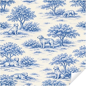 May include: Blue and white toile pattern featuring Golden Retrievers in a pastoral setting. The design includes trees, bushes, and dogs in various poses, creating a classic, decorative aesthetic. The color scheme is a traditional blue on a cream background.