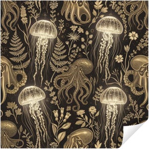 May include: A repeating pattern featuring jellyfish, octopuses, and botanical elements in shades of gold and cream against a black background. The design includes detailed illustrations of marine life and various plant life.
