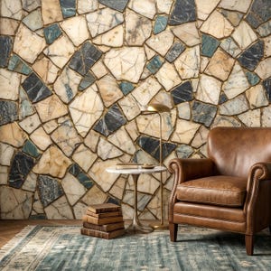 Kintsugi Marble Mosaic Peel and Stick Wall Mural, Broken Irregular Stone Tile Patchwork Pattern, Modern Luxury Faux Marble Texture Wallpaper