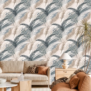 Carta da parati botanica staccabile e attaccabile, murale rimovibile con foglie tropicali, fogliame beige neutro e blu per camera da letto, soggiorno, parete decorativa