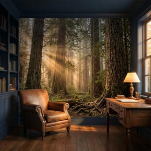 May include: A cozy home office with a forest mural. A brown leather armchair sits near a wooden desk with a lamp. Sunlight streams through the window and the mural, creating a warm and inviting atmosphere. A built-in bookshelf is on the left.