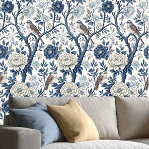 Blue and White Chinoiserie Peel and Stick Wallpaper – Bird and Floral Wall Mural – Vintage Removable Wallpaper for Bedroom or Dining Room
