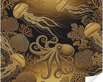 Vintage Dark Ocean Jellyfish Octopus Peel and Stick Wallpaper, Black & Gold Look Sea Life Nautical Wall Mural