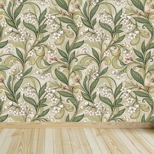Botanical Peel and Stick Wallpaper, Art Nouveau Floral Removable Wall Mural, Vintage Green Nature Wallpaper for Bedroom or Cottagecore Decor