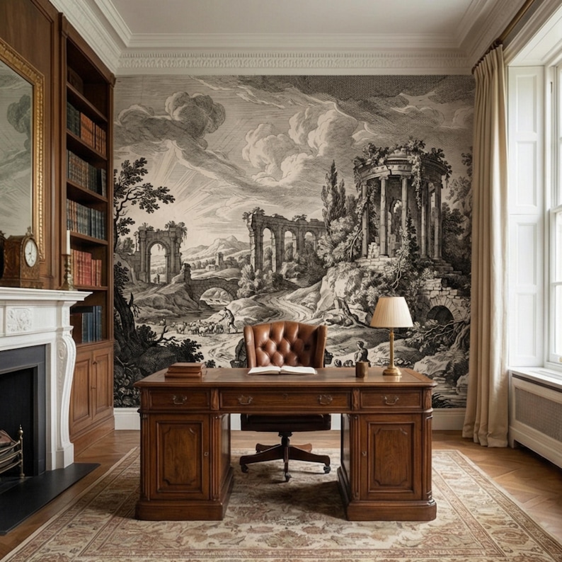 Vintage Roman Ruins Engraving Peel and Stick Wall Mural, Antique ...