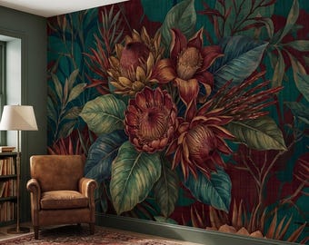 Oversized Protea Floral Peel and Stick Wall Mural, Vintage Tropical Botanical Leaves in Deep Teal and Burgundy, Moody Dark Floral Wallpaper