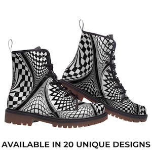 Black & White Geometric Combat Boots – Optical Illusion Leather Boots – Unisex Statement Art Footwear – Psychedelic Fashion Shoes