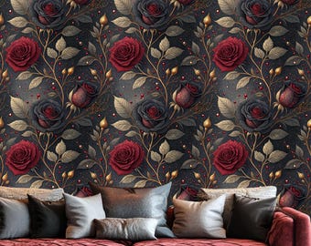 Dark Rose Peel and Stick Wallpaper – Black Floral Wall Mural with Burgundy Roses and Gold‑Tone Leaves – Romantic Moody Interior Decor
