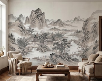 Chinese Ink Wash Landscape Peel and Stick Wall Mural, Chinoiserie Mountain River Pagoda Scene, Traditional Shan Shui Zen Asian Art Wallpaper