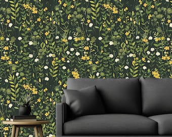 Dark Floral Peel and Stick Wallpaper, Botanical Wildflower Wall Mural, Removable Self Adhesive Cottagecore Wall Decor Bedroom Living Room
