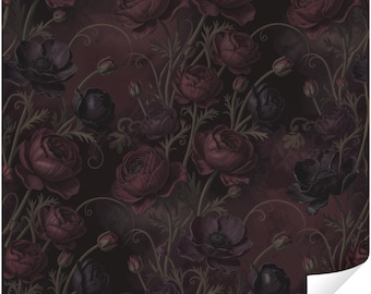 Puede incluir: Patrón floral oscuro con flores burdeos y moradas oscuras, tallos y hojas verdes. El diseño incluye ilustraciones detalladas de rosas y otras flores, sobre un fondo oscuro y texturizado.