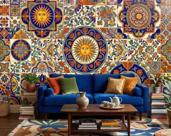 Mexican Talavera Ceramic Tiles Peel and Stick Wall Mural, Vibrant Hacienda Tile Pattern, Hand Painted Ceramic Wallpaper