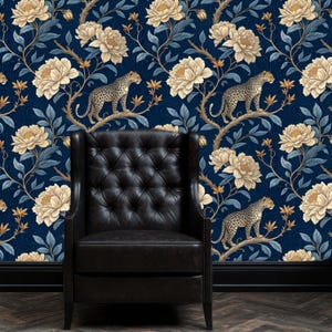 Peel-and-Stick luipaardbehang – verwijderbare muurschildering donkere jungle met bloemen – vintage safaridierenprint voor slaapkamer- of woonkamerdecoratie