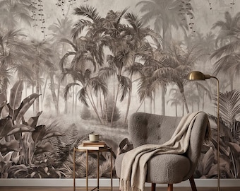 Tropical Palm Forest Peel and Stick Wall Mural, Vintage Jungle Landscape Misty Palm Trees Lush Botanical Engraving Exotic Nature Wallpaper