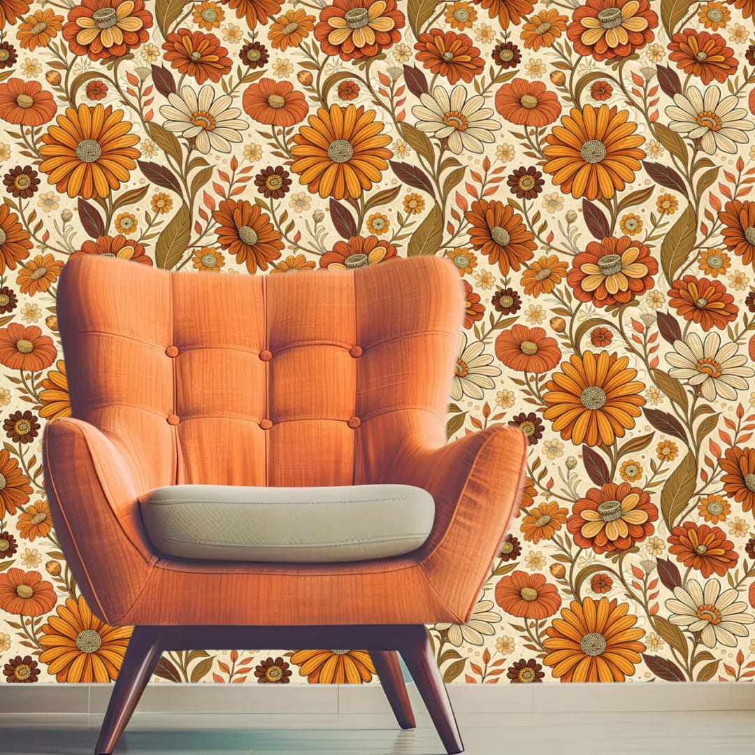Retro Floral Peel and Stick Wallpaper – 70s Boho Daisy Wall Mural ...
