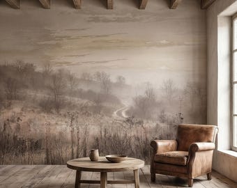 Misty Meadow Peel and Stick Wall Mural, Soft Neutral Foggy Landscape with Winding Path, Minimalist Rustic Countryside Scenic Wallpaper
