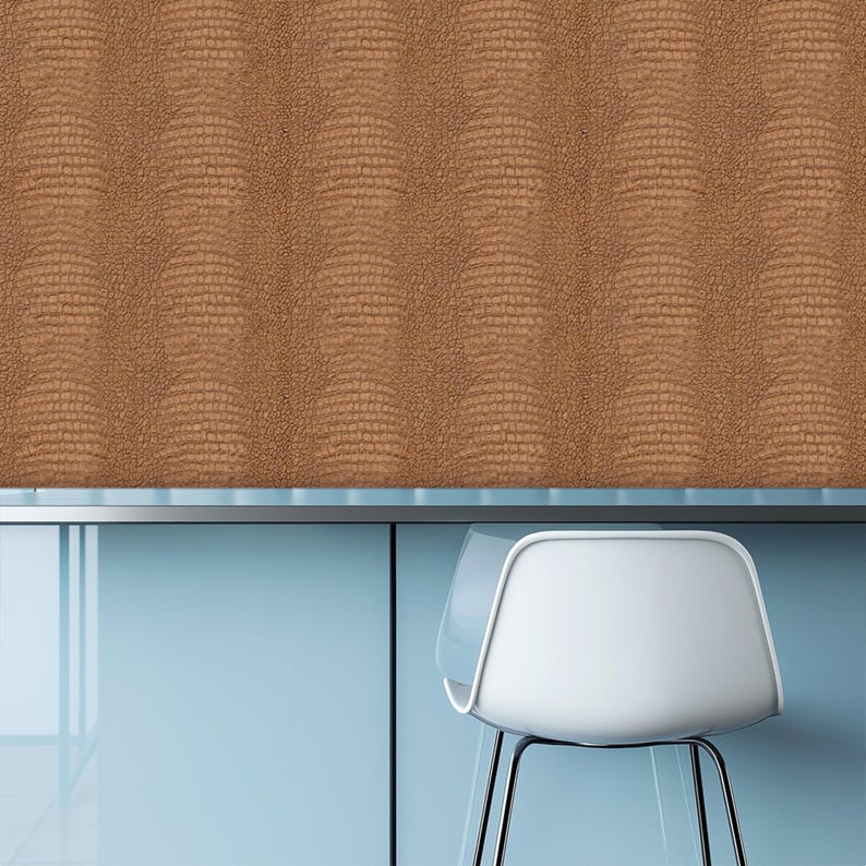 May include: A close-up of a brown textured wall with a reptile skin pattern. The wall is above a light blue surface with a white chair with black legs. The chair is in the lower right corner of the image.