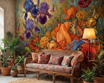 Papel de parede adesivo de íris e papoula, pintura a óleo floral botânica vintage com rosas, borboletas e libélulas, estilo casa de campo.
