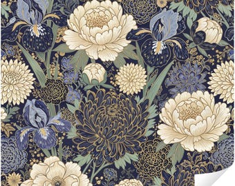 Papier peint vintage bleu marine foncé pivoine & chrysanthème, papier peint floral amovible, décoration murale botanique salon chambre à coucher