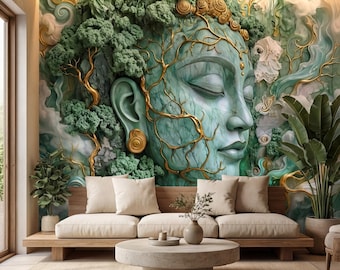 Mural de pared autoadhesivo de diosa de la naturaleza de jade, papel pintado de rostro femenino de fantasía, arte de pared de meditación espiritual bohemia