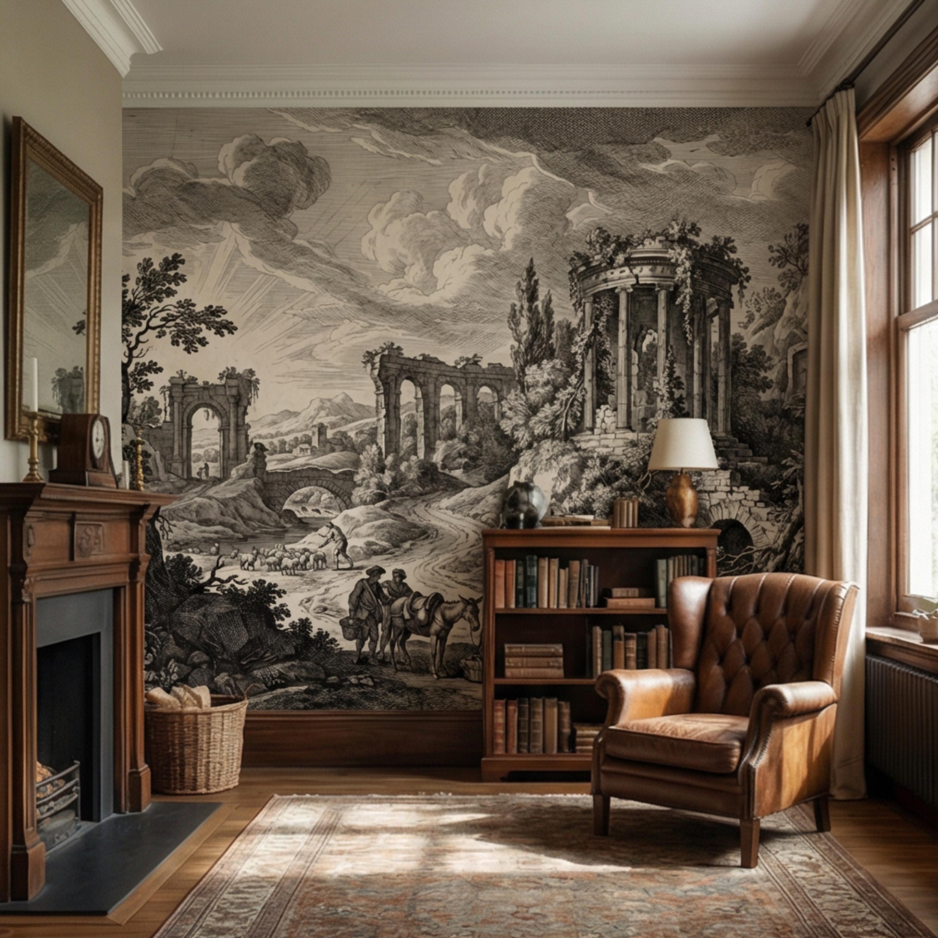 Vintage Roman Ruins Engraving Peel and Stick Wall Mural, Antique ...