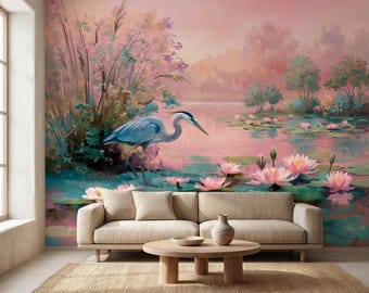 Garça-azul em lagoa de lótus rosa ao nascer do sol, mural de parede sereno e removível, paisagem botânica de lago com nenúfares em tons pastel aquarelado.