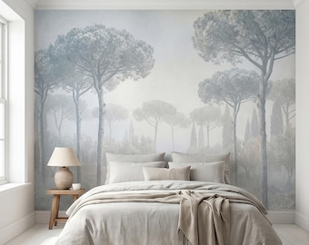 Misty Umbrella Pines Peel and Stick Wall Mural, Blue Gray Hazy Winter Fog Italian Tuscan Landscape with Cypress Trees Soft Neutral Wallpaper