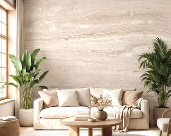 Beige Travertine Natural Stone Texture Peel and Stick Wall Mural, Elegant Neutral Marble Effect Modern Minimalist Wallpaper